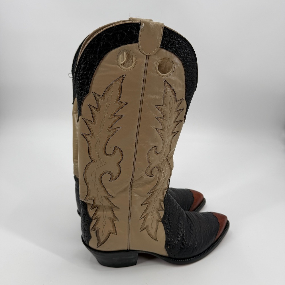 Vintage Hondo Western Cowboy Boots 10D Black Tan Brown Lizard Wingtip Pointed - Picture 4 of 11